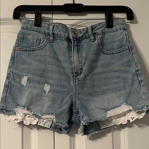 Tractr Light Blue Denim Shorts with Lace Detail